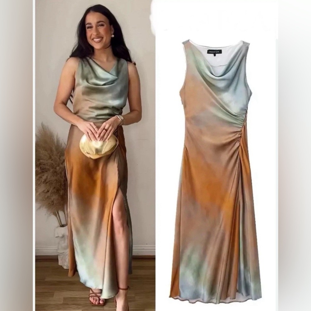Zara TIE DYE PRINT SATIN MIDI DRESS Medium